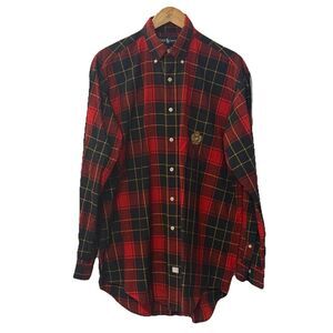 Vintage 90s Ralph Lauren Plaid Long Sleeve Shirt M Red Black Crest 100% Cotton